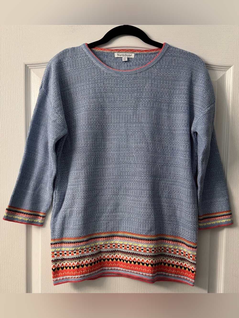 NorthStyle Fair Isle Border Hem Sweater Blue Multi 100% Cotton - Picture 3 of 9
